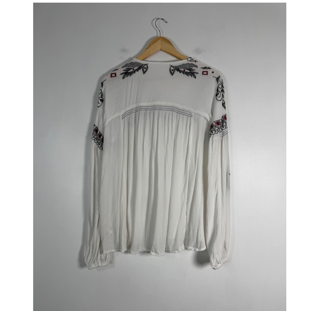 Bohemian Free People Womens Large Blouse White Embroidered Henley Peasant Top - Picture 2 of 8